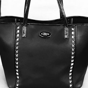 Black Leather Silver Studded Coach Tote Purse